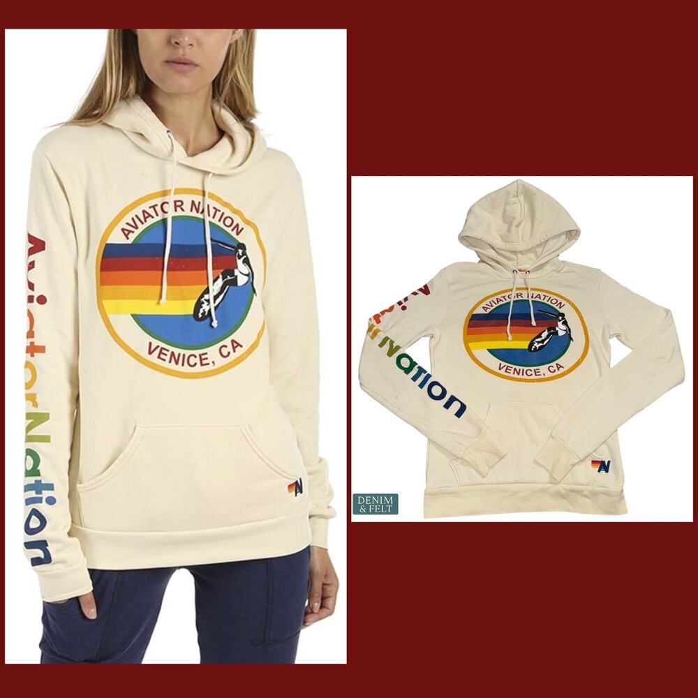 Aviator Nation Venice Rainbow Hoodie XS Vintage White/Cream Soft Pullover USA